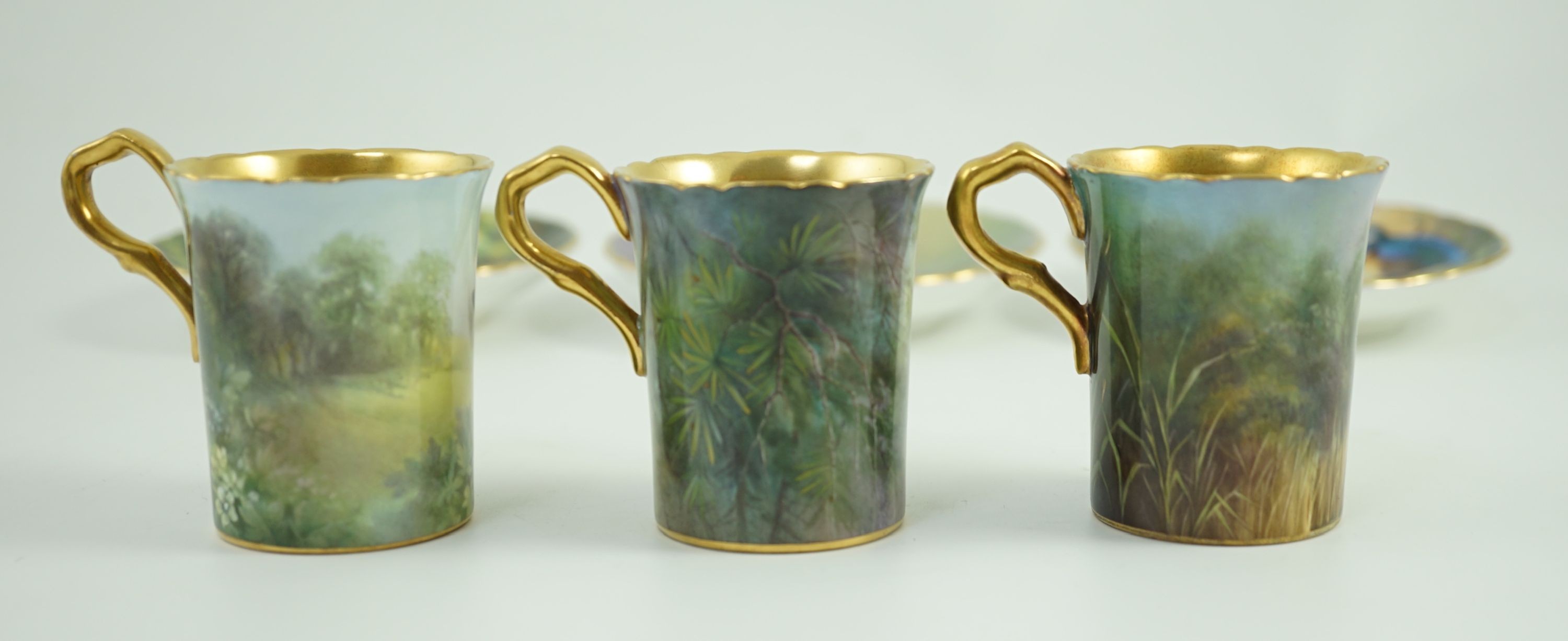 A set of six Paragon bird painted cabinet cups and saucers, 1950s, Saucers 11 cm diameter